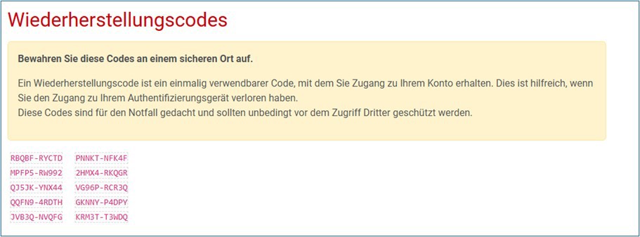 Zugangsverfahren 2Fa Auth Aktivierung Wiederherstellungscodes
